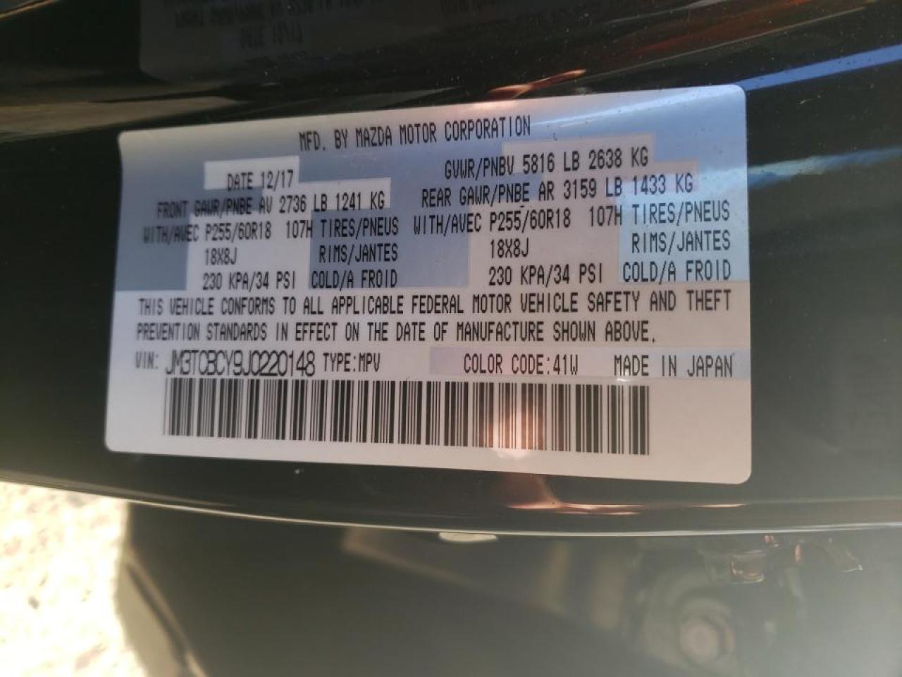 Photo 10 from auction – 2018 MAZDA CX-9 TOURI with VIN JM3TCBCY9J0220148
