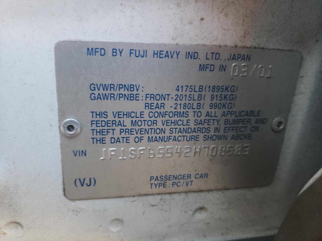 Photo 10 from auction – 2002 SUBARU FORESTER S with VIN JF1SF65542H708583