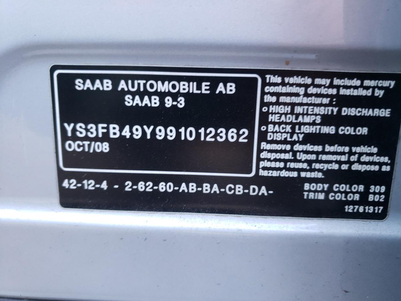 Photo 10 from auction – 2009 SAAB 9-3 with VIN YS3FB49Y991012362