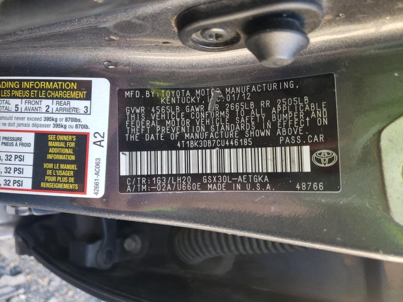 Photo 10 from auction – 2012 TOYOTA AVALON BAS with VIN 4T1BK3DB7CU446185