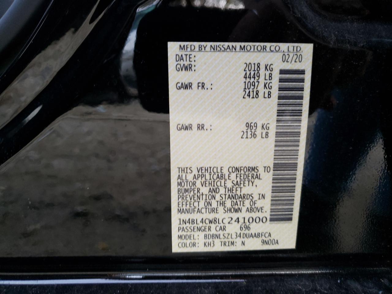 Photo 10 from auction – 2020 NISSAN ALTIMA SR with VIN 1N4BL4CW8LC241000