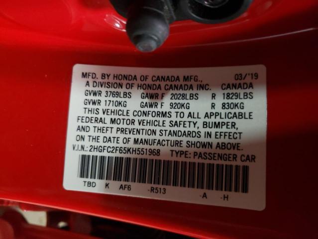 Photo 10 from auction – 2019 HONDA CIVIC LX with VIN 2HGFC2F65KH551968