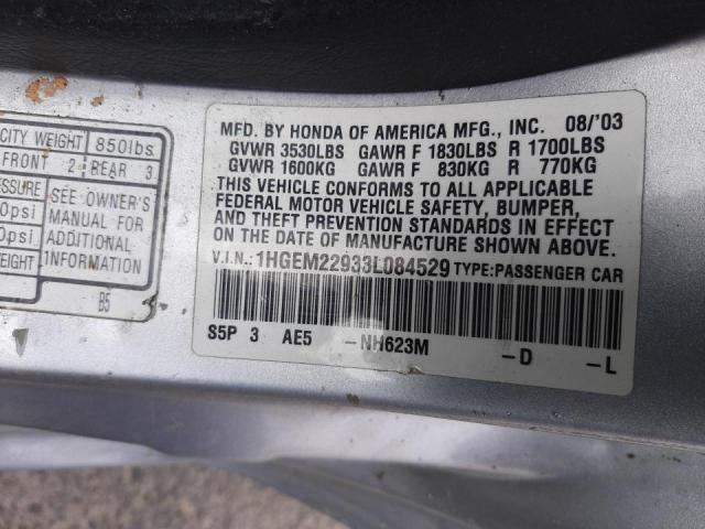 Photo 10 from auction – 2003 HONDA CIVIC EX with VIN 1HGEM22933L084529