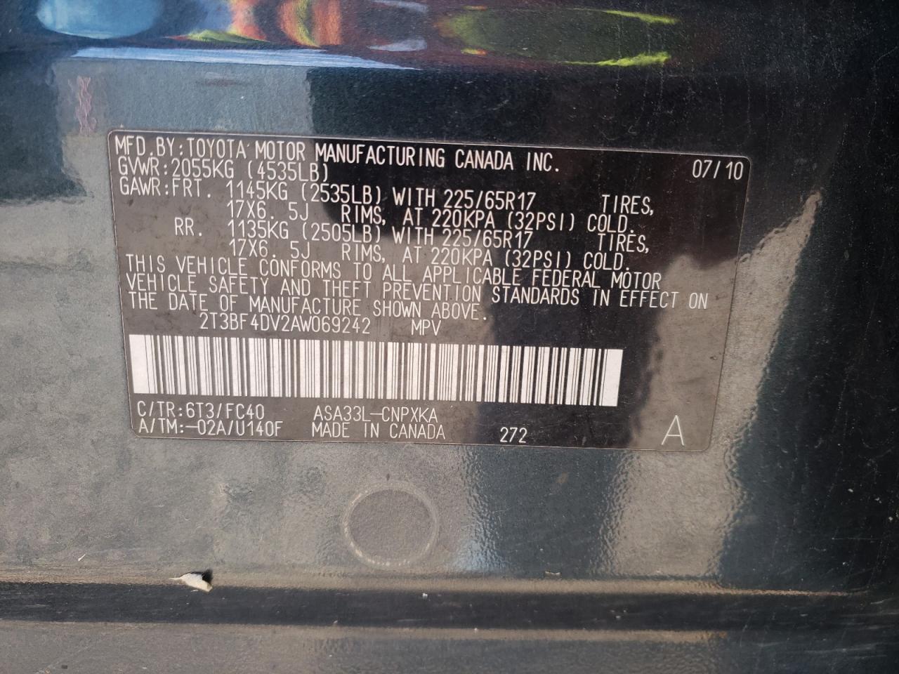 Photo 10 from auction – 2010 TOYOTA RAV4 with VIN 2T3BF4DV2AW069242
