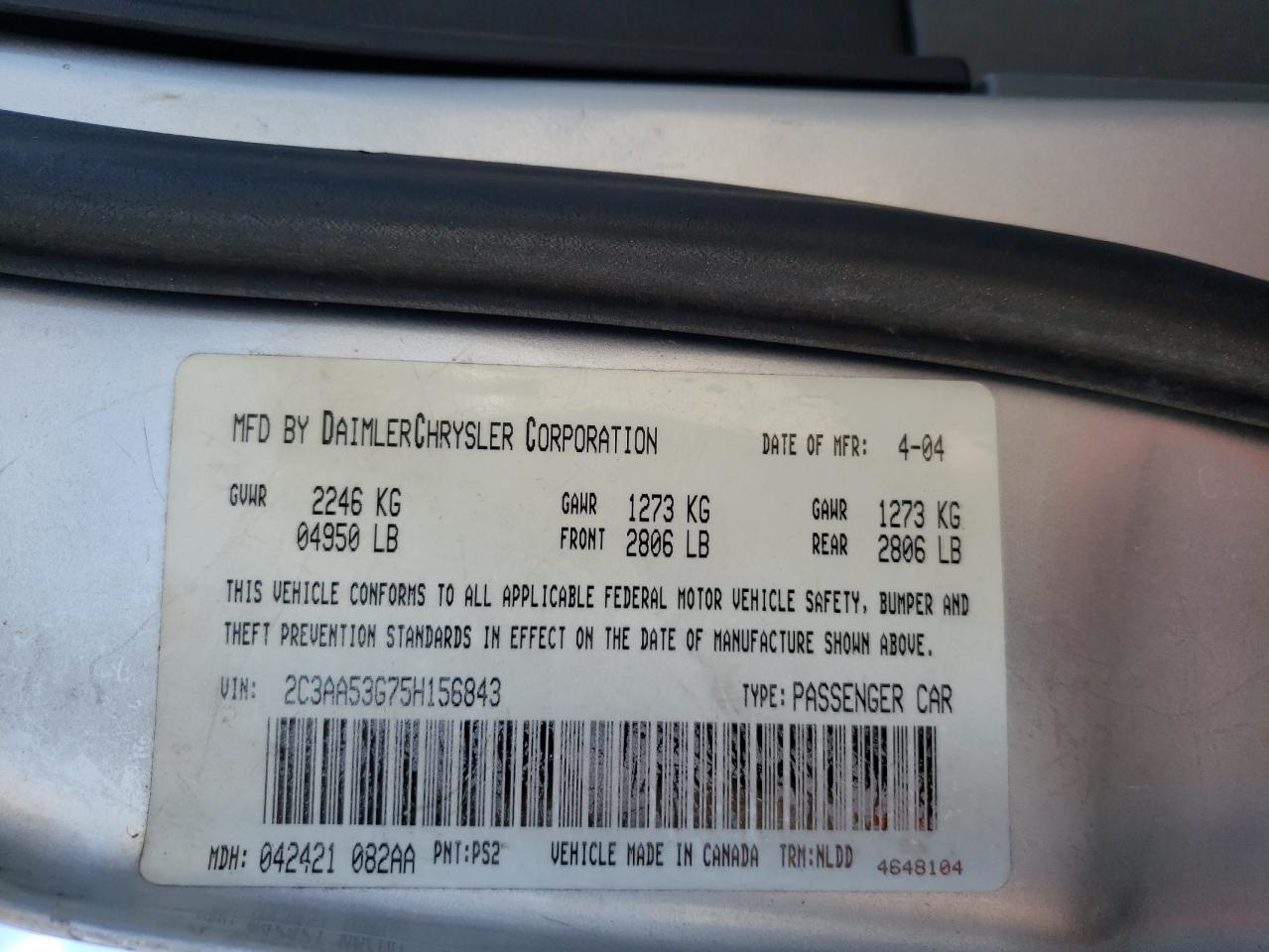 Photo 10 from auction – 2006 CHRYSLER 300 V8 with VIN 2C3AA53G75H156843