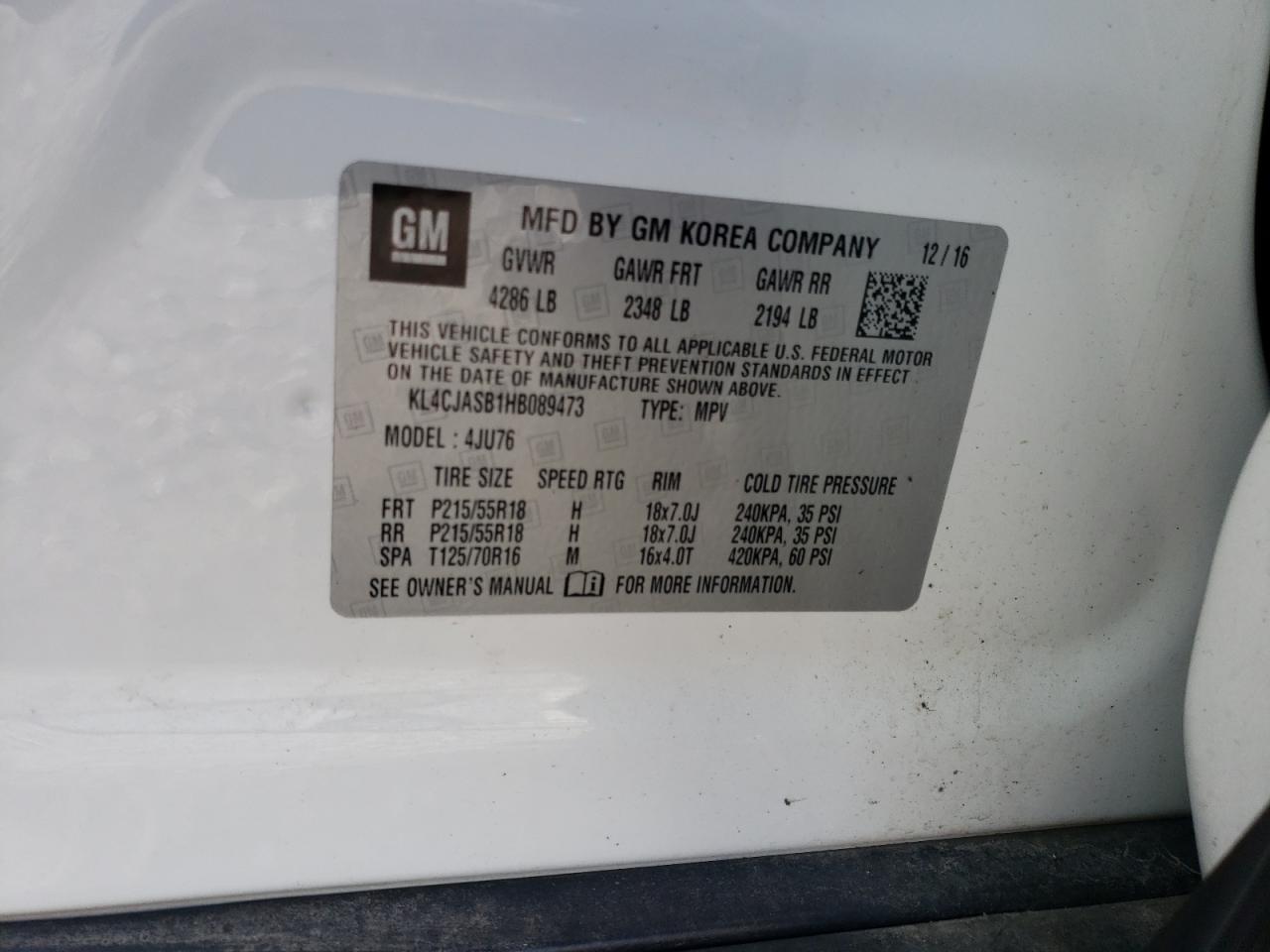 Photo 10 from auction – 2017 BUICK ENCORE PRE with VIN KL4CJASB1HB089473