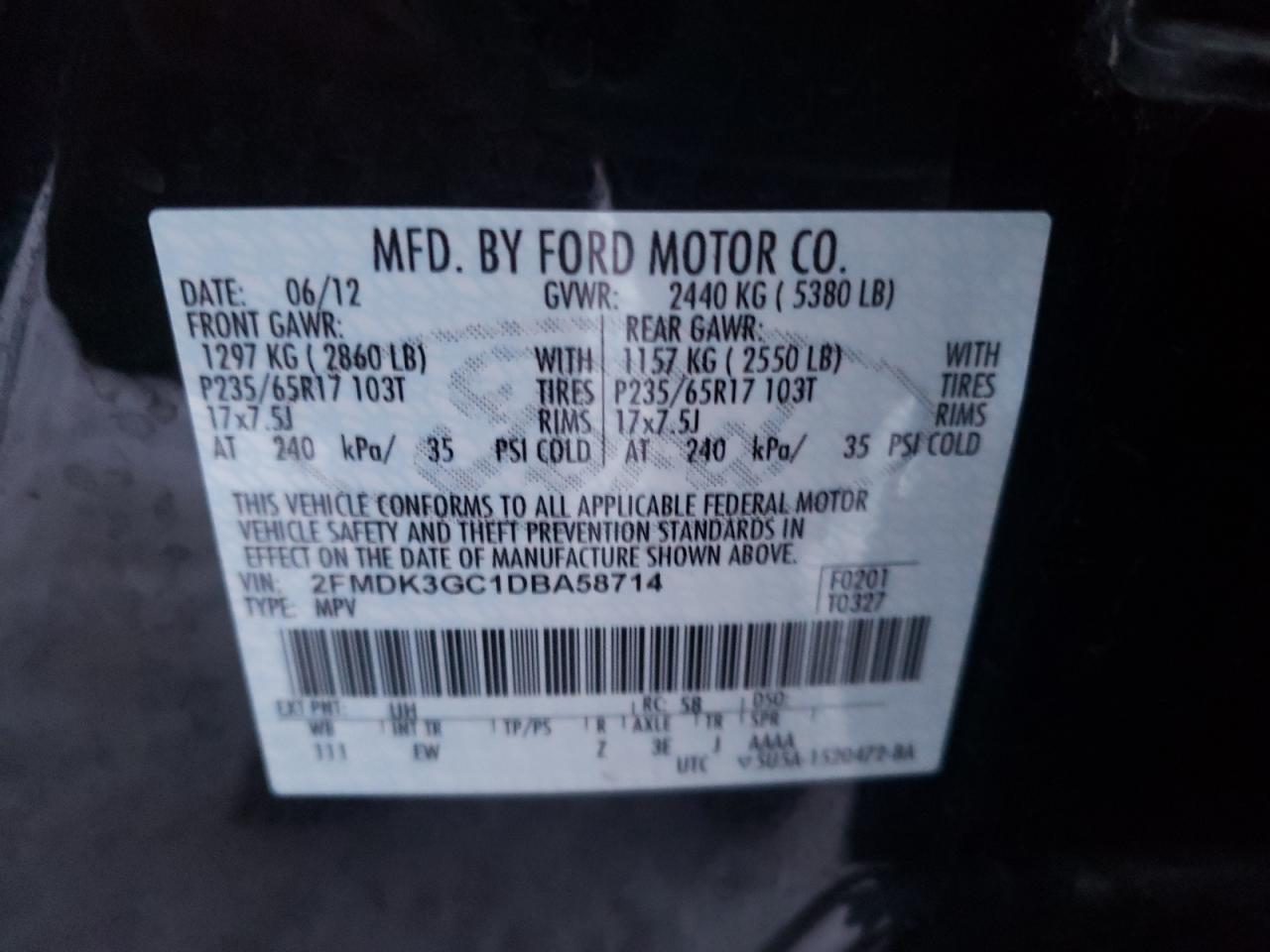 Photo 10 from auction – 2013 FORD EDGE SE with VIN 2FMDK3GC1DBA58714