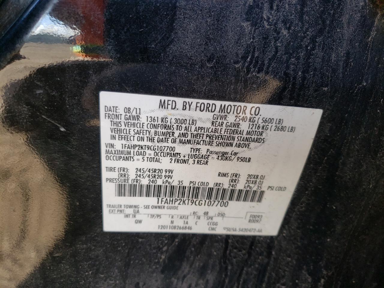 Photo 10 from auction – 2012 FORD TAURUS SHO with VIN 1FAHP2KT9CG107700