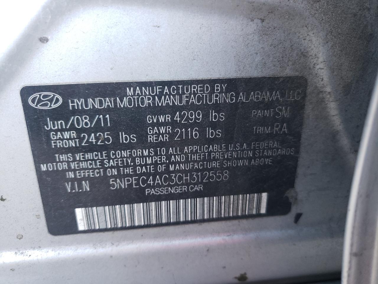 Photo 10 from auction – 2012 HYUNDAI SONATA SE with VIN 5NPEC4AC3CH312558