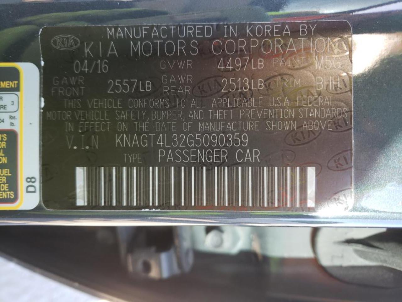 Photo 10 from auction – 2016 KIA OPTIMA LX with VIN KNAGT4L32G5090359