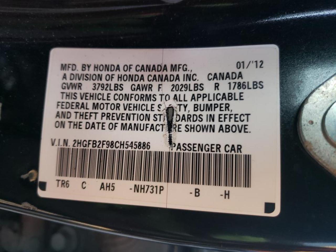 Photo 10 from auction – 2012 HONDA CIVIC EXL with VIN 2HGFB2F98CH545886