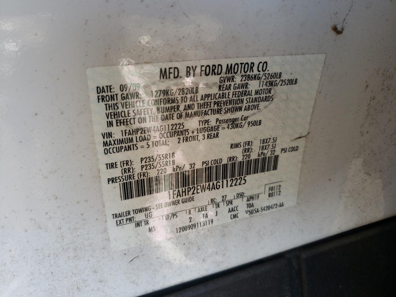 Photo 10 from auction – 2010 FORD TAURUS SEL with VIN 1FAHP2EW4AG112225