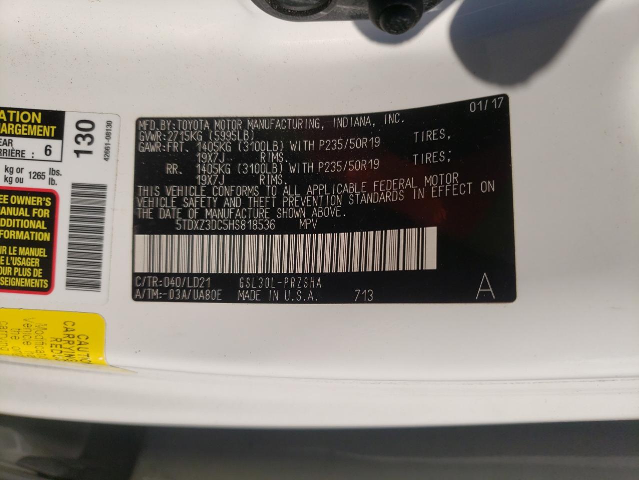 Photo 10 from auction – 2017 TOYOTA SIENNA SE with VIN 5TDXZ3DC5HS818536