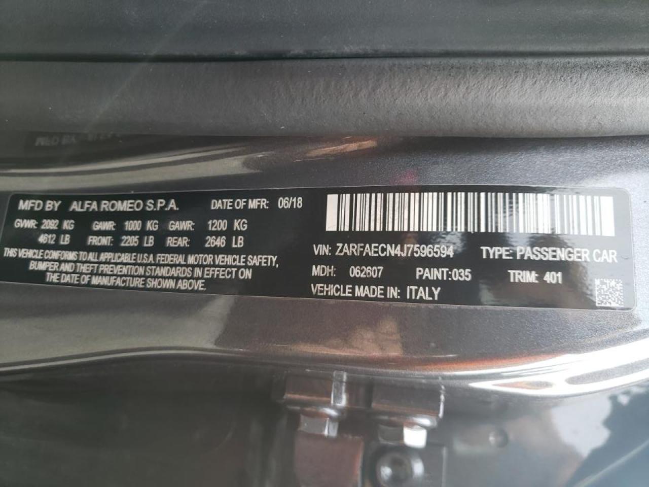 Photo 10 from auction – 2018 ALFA ROMEO GIULIA TI with VIN ZARFAECN4J7596594