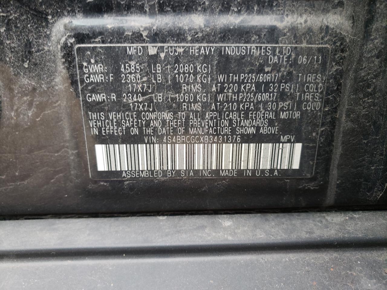 Photo 10 from auction – 2011 SUBARU OUTBACK 2. with VIN 4S4BRCGCXB3431376