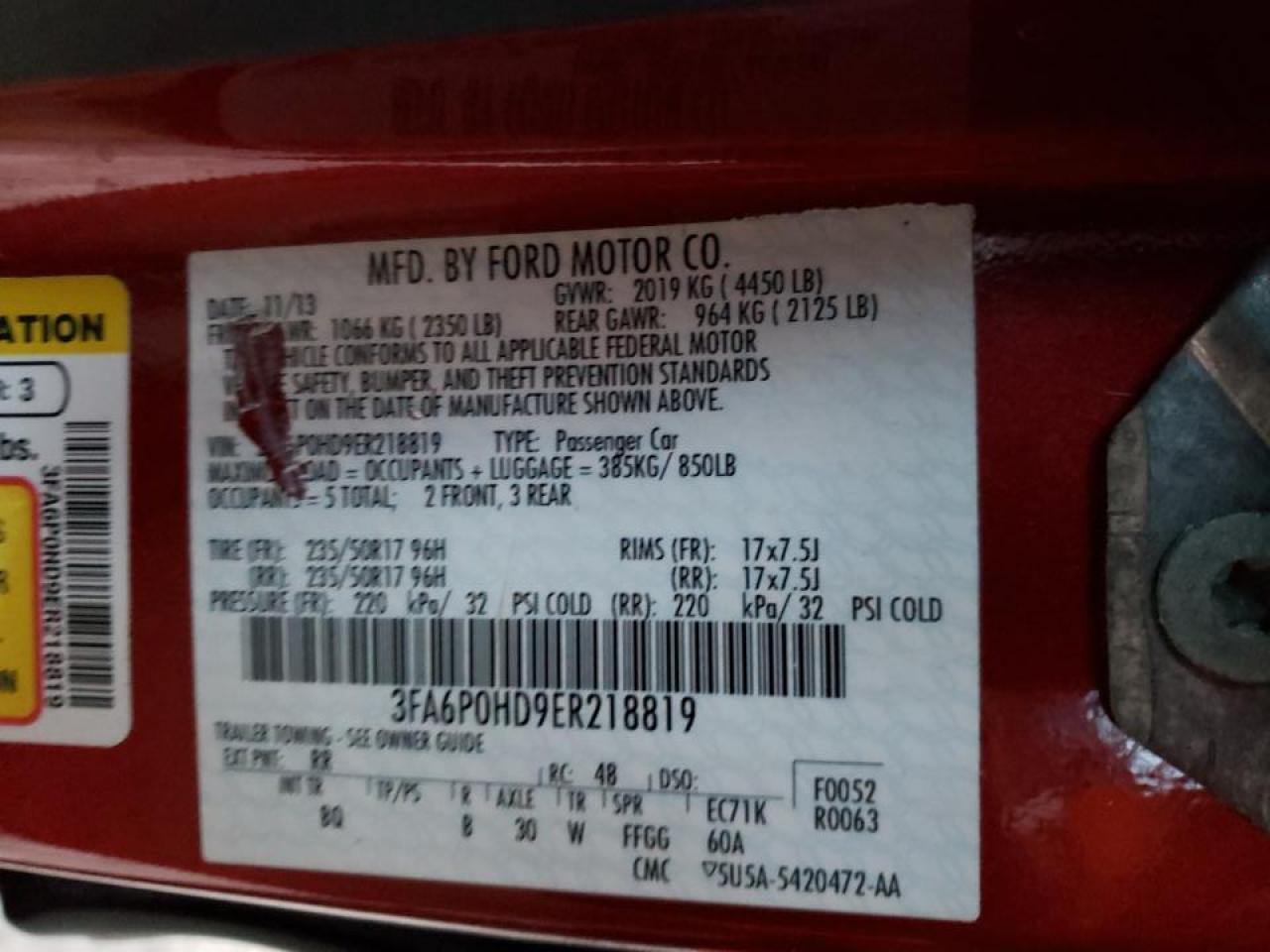 Photo 10 from auction – 2014 FORD FUSION SE with VIN 3FA6P0HD9ER218819