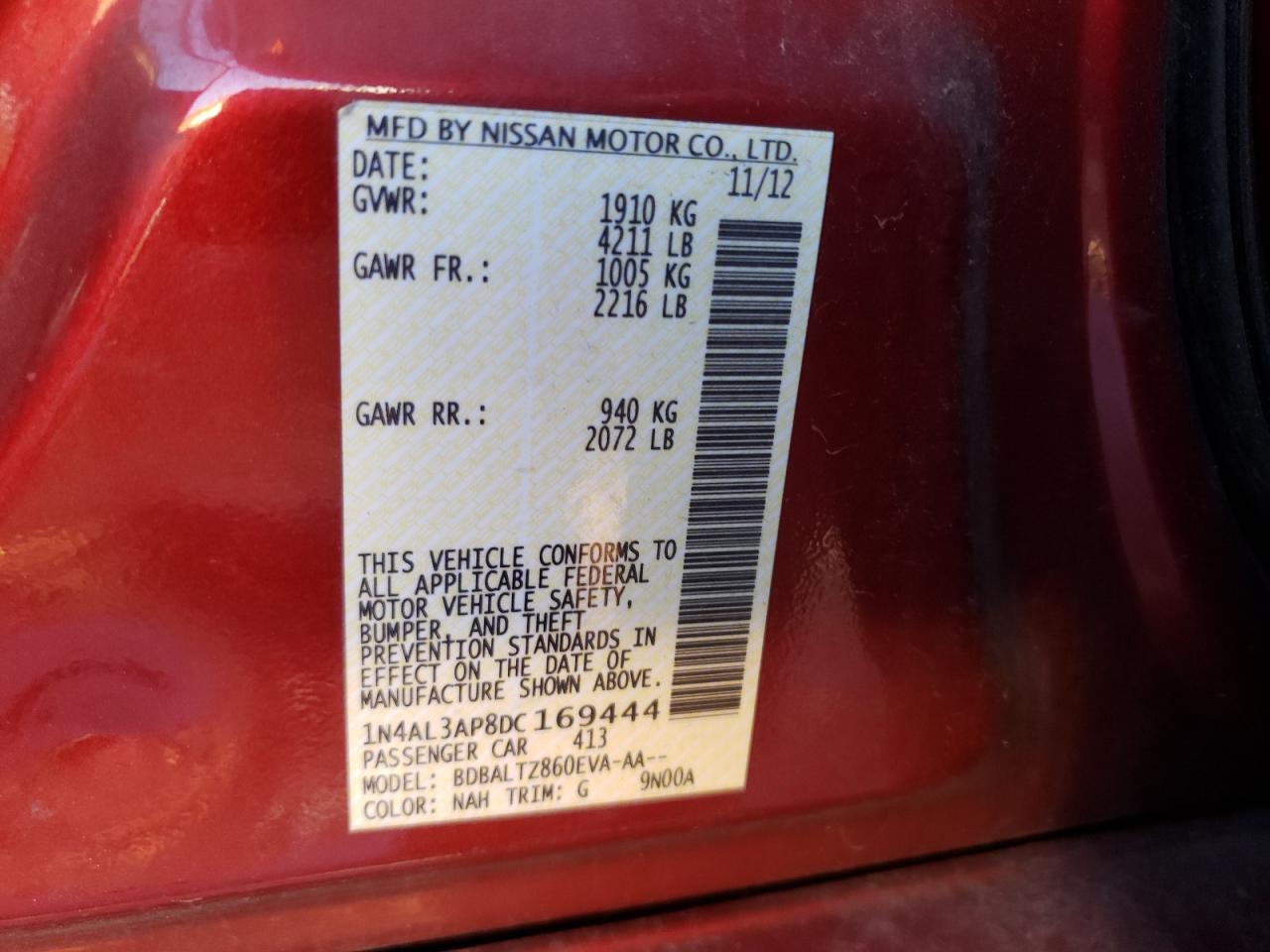 Photo 10 from auction – 2013 NISSAN ALTIMA 2.5 with VIN 1N4AL3AP8DC169444
