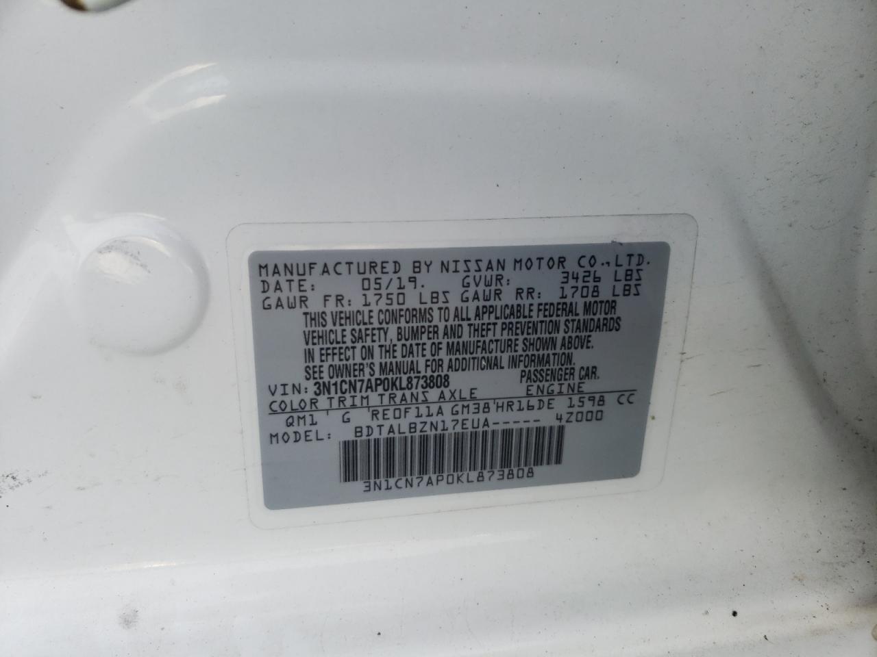 Photo 10 from auction – 2019 NISSAN VERSA S with VIN 3N1CN7AP0KL873808