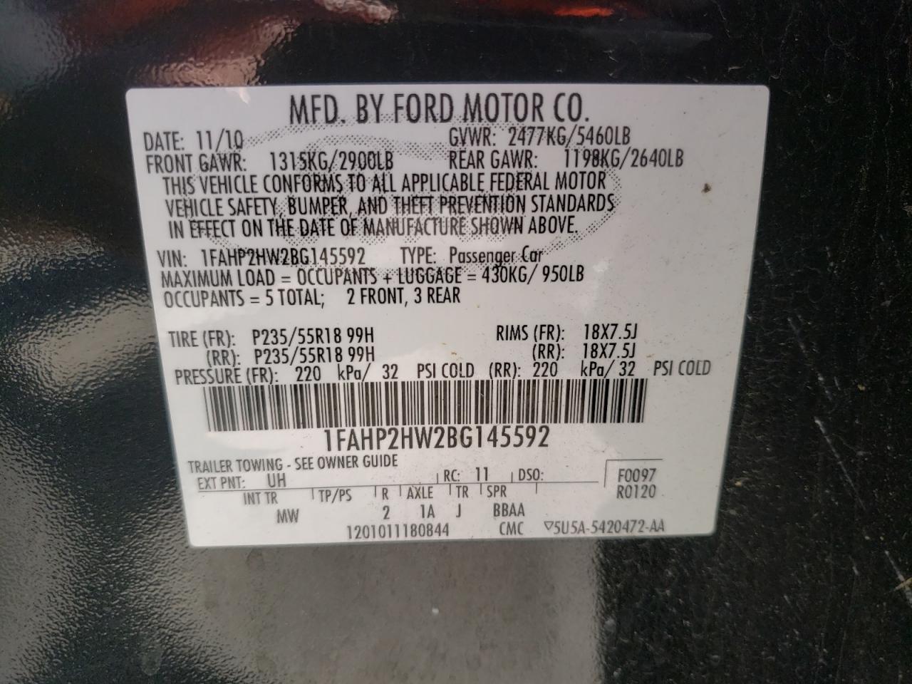Photo 10 from auction – 2011 FORD TAURUS SEL with VIN 1FAHP2HW2BG145592