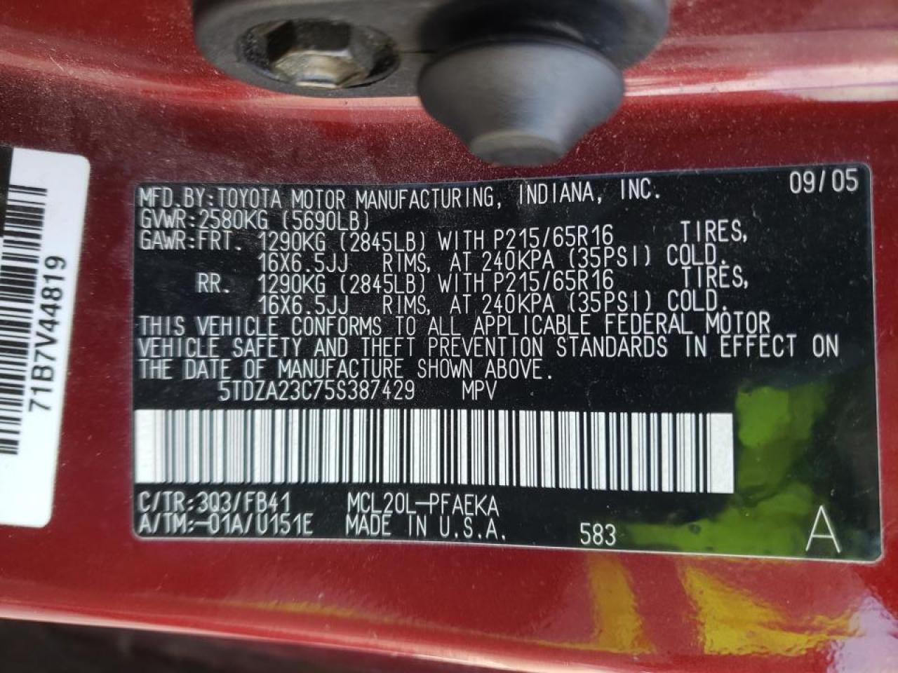 Photo 10 from auction – 2005 TOYOTA SIENNA CE with VIN 5TDZA23C75S387429