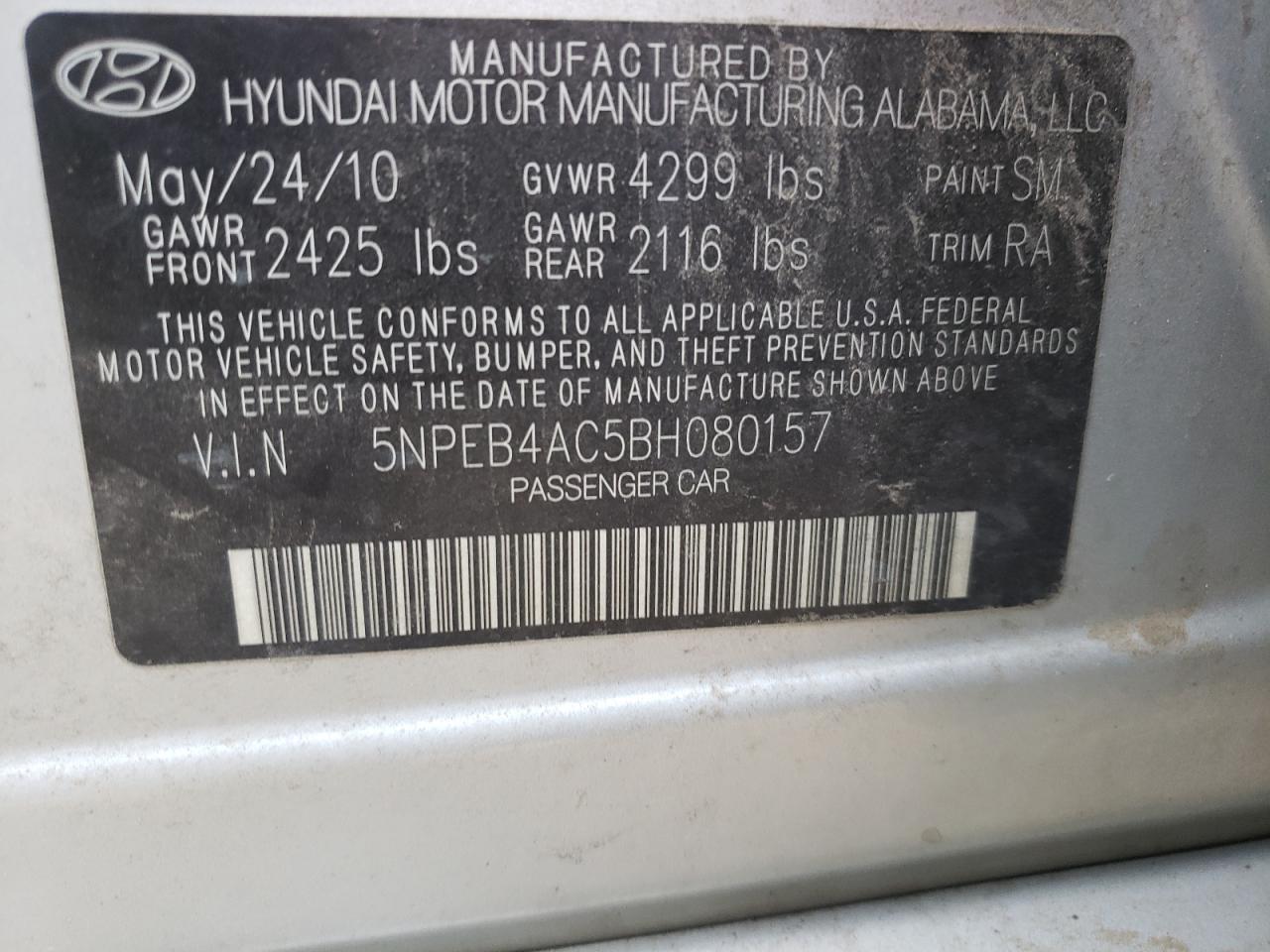 Photo 10 from auction – 2011 HYUNDAI SONATA GLS with VIN 5NPEB4AC5BH080157