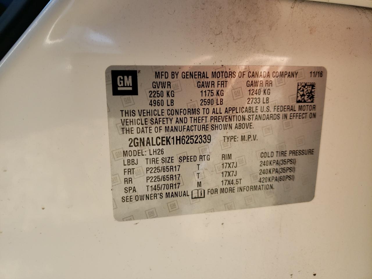 Photo 10 from auction – 2017 CHEVROLET EQUINOX LT with VIN 2GNALCEK1H6252339