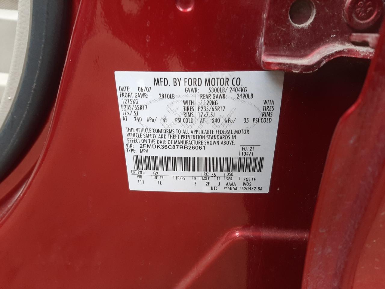 Photo 10 from auction – 2007 FORD EDGE SE with VIN 2FMDK36C87BB26061