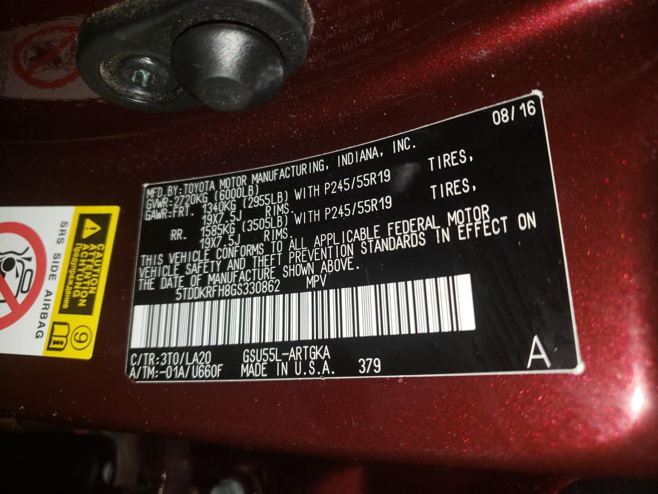 Photo 10 from auction – 2016 TOYOTA HIGHLANDER with VIN 5TDDKRFH8GS330862
