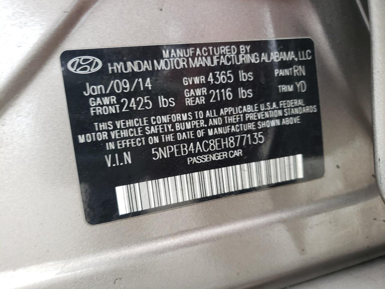 Photo 10 from auction – 2014 HYUNDAI SONATA GLS with VIN 5NPEB4AC8EH877135