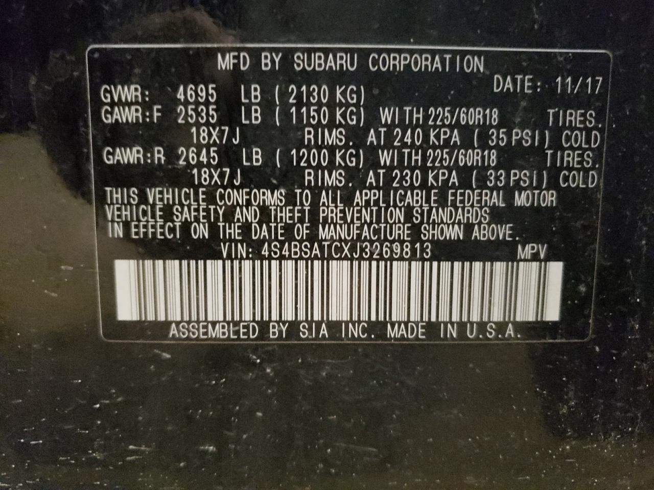 Photo 10 from auction – 2018 SUBARU OUTBACK TO with VIN 4S4BSATCXJ3269813