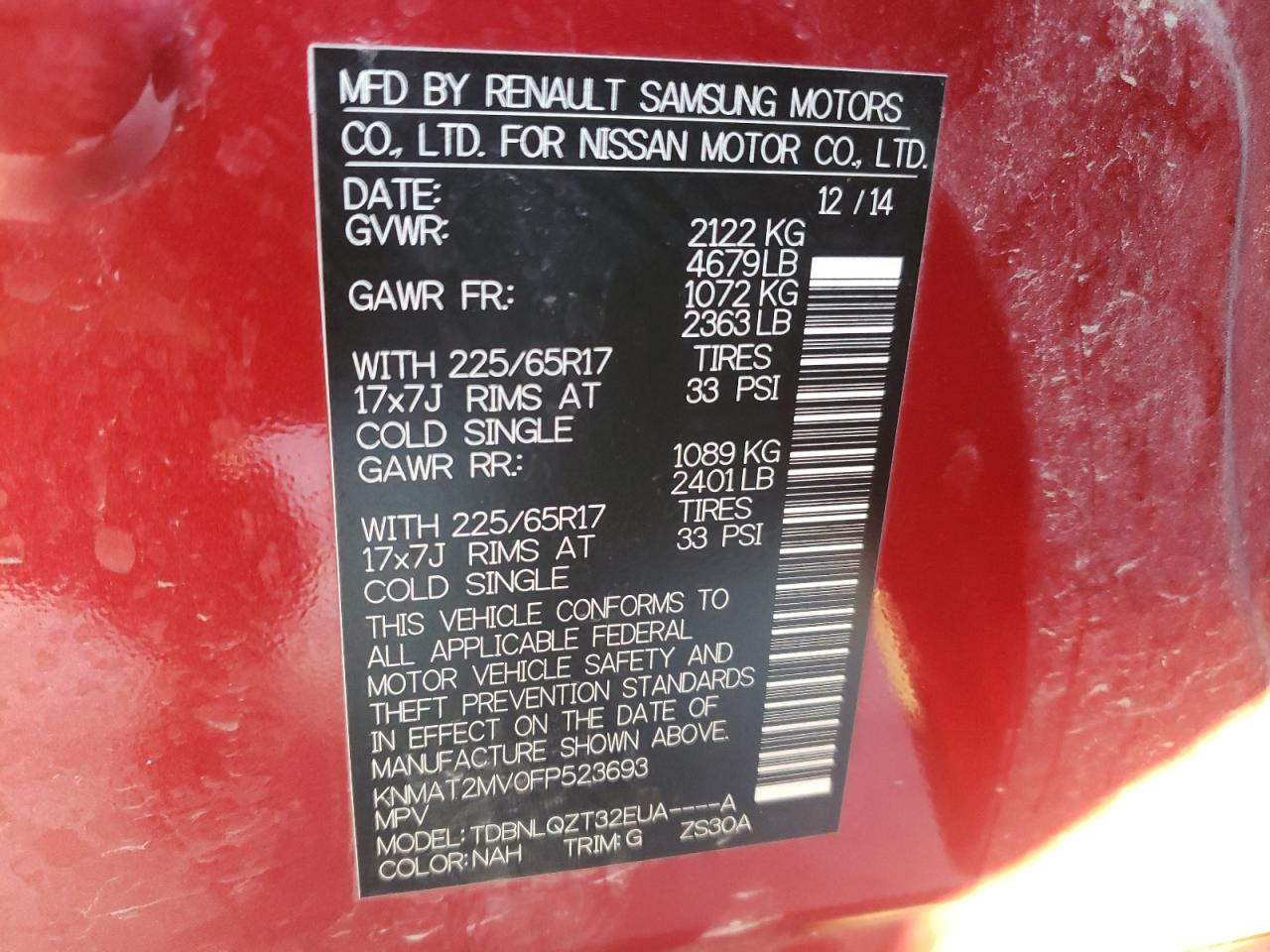 Photo 10 from auction – 2015 NISSAN ROGUE S with VIN KNMAT2MV0FP523693
