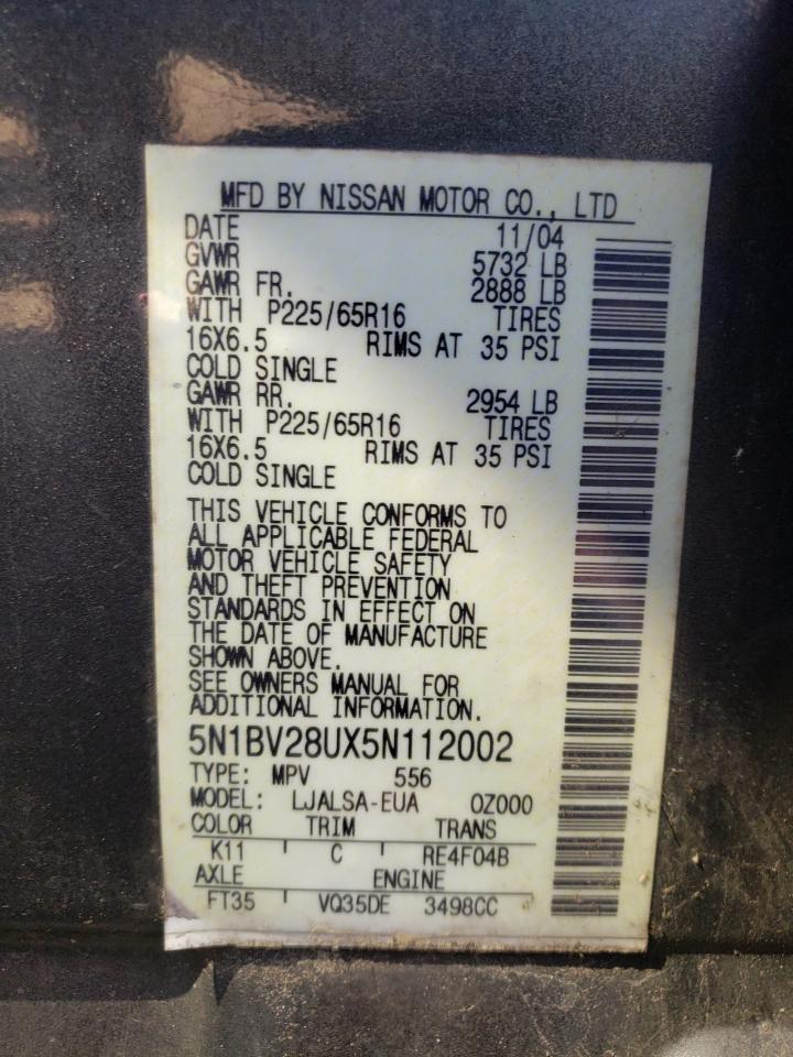 Photo 10 from auction – 2005 NISSAN QUEST S with VIN 5N1BV28UX5N112002