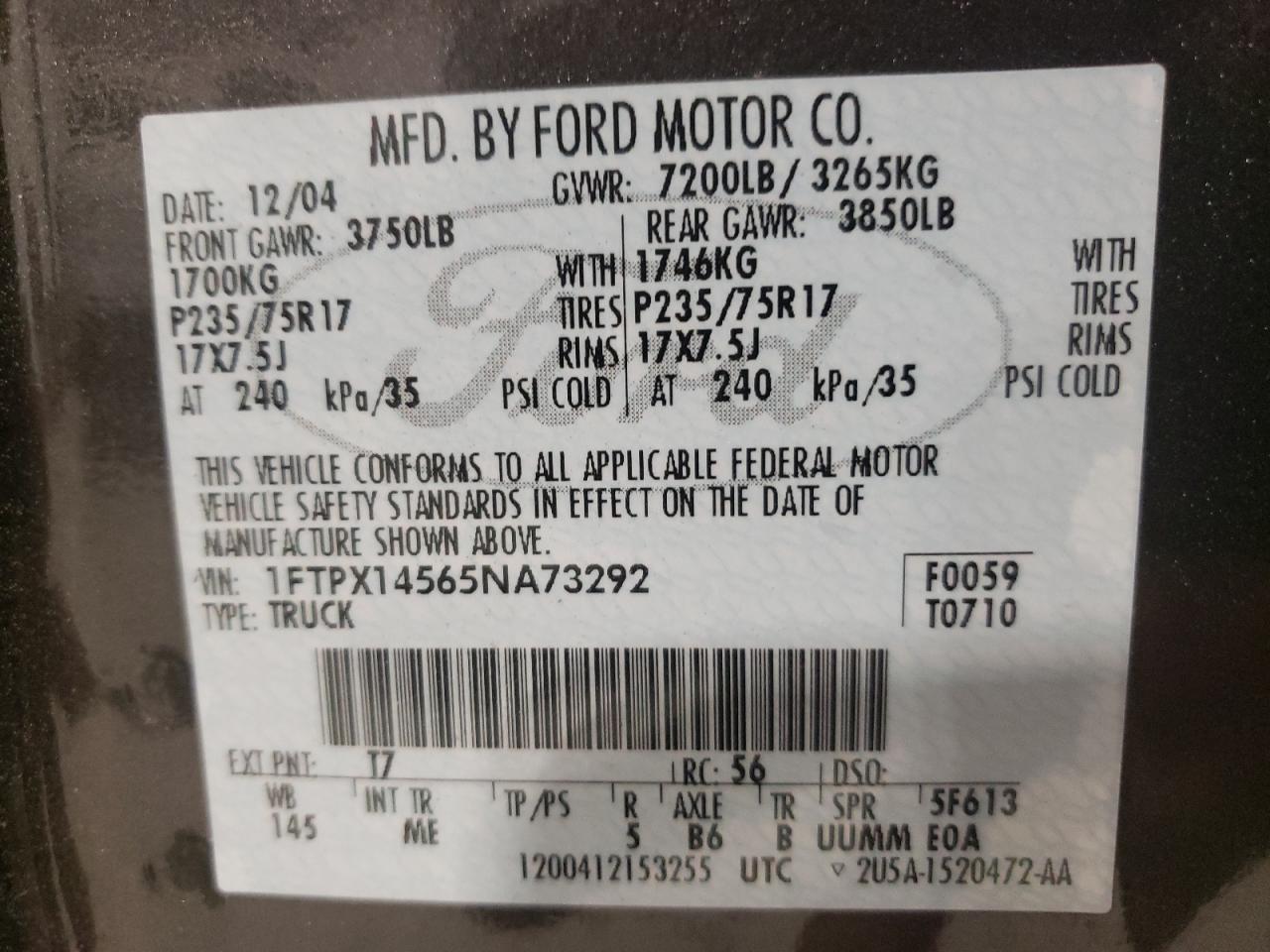 Photo 10 from auction – 2005 FORD F150 with VIN 1FTPX14565NA73292