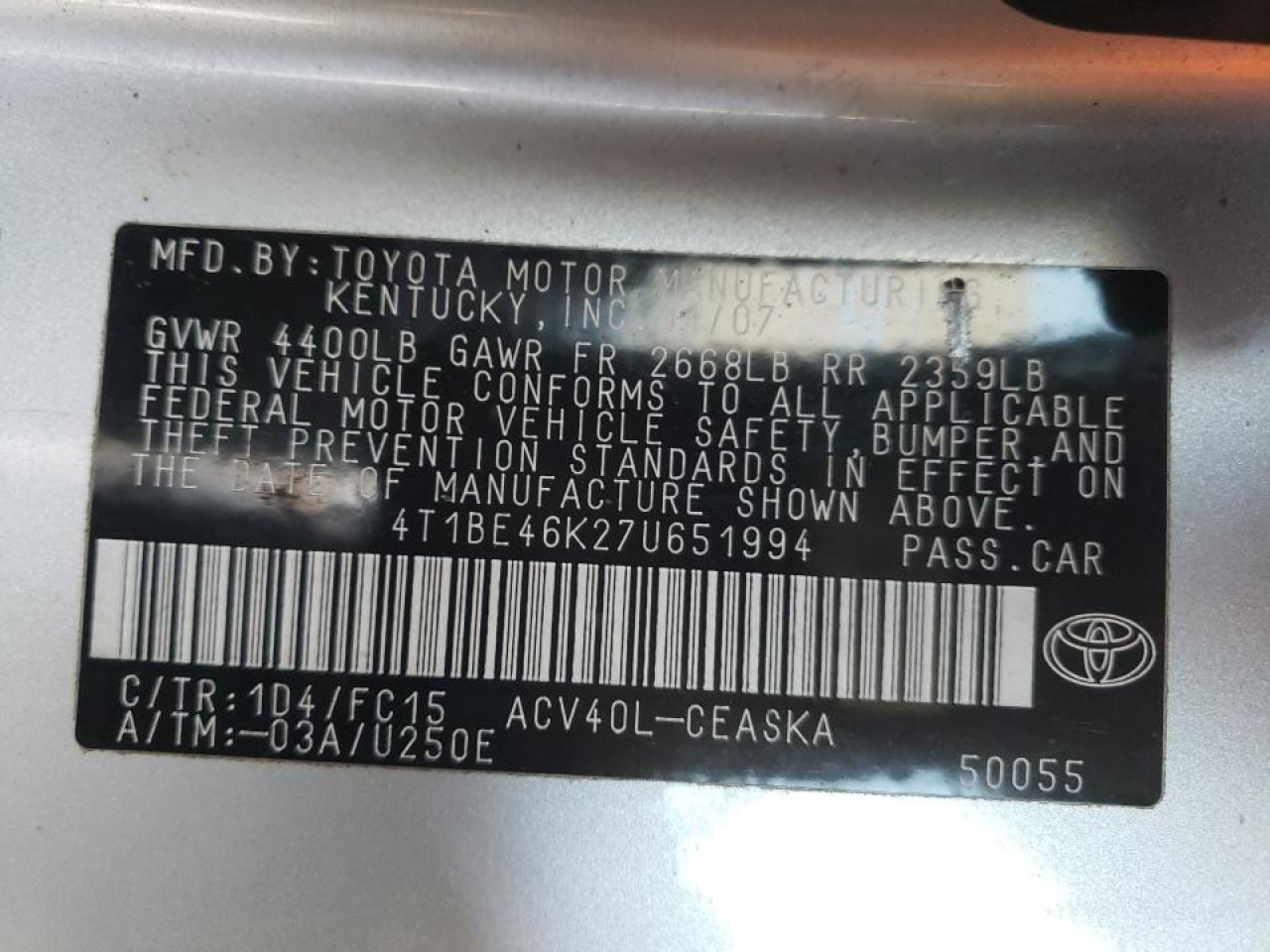 Photo 10 from auction – 2008 TOYOTA CAMRY with VIN 4T1BE46K27U651994