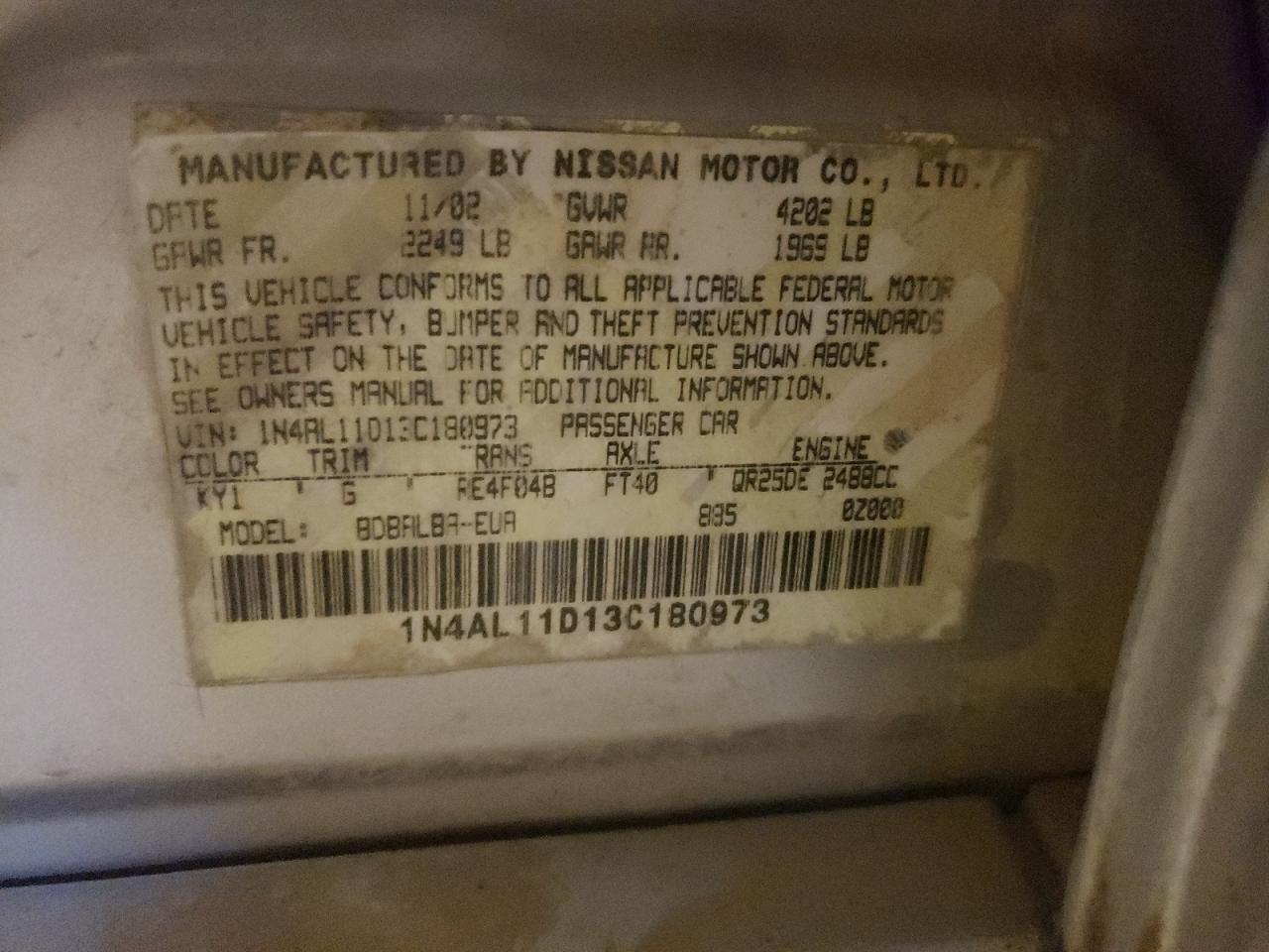 Photo 10 from auction – 2003 NISSAN ALTIMA with VIN 1N4AL11D13C180973