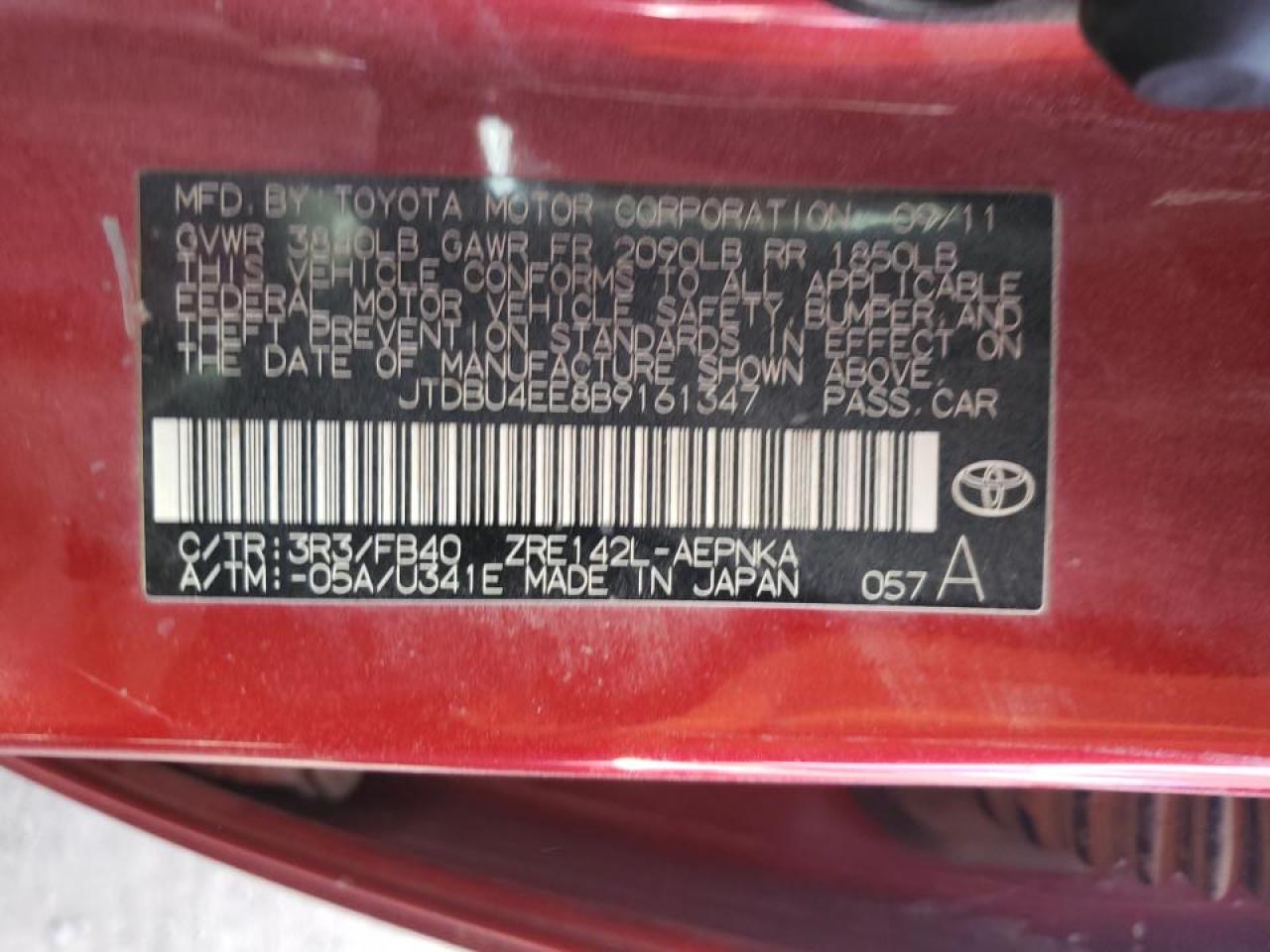 Photo 10 from auction – 2011 TOYOTA COROLLA BA with VIN JTDBU4EE8B9161347