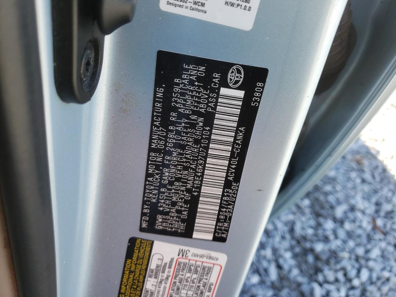 Photo 10 from auction – 2007 TOYOTA CAMRY CE with VIN 4T1BE46K97U710104