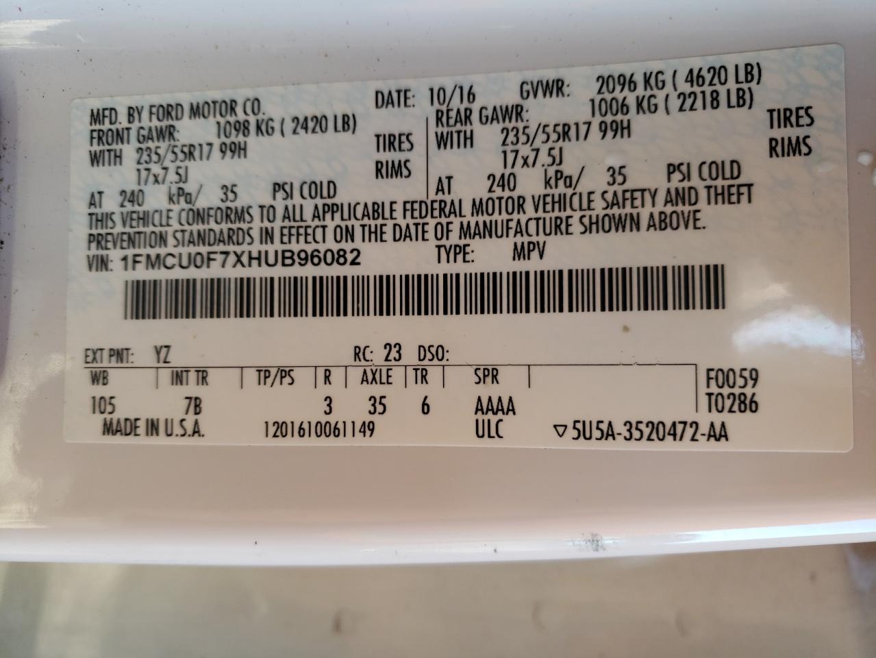 Photo 10 from auction – 2017 FORD ESCAPE S with VIN 1FMCU0F7XHUB96082