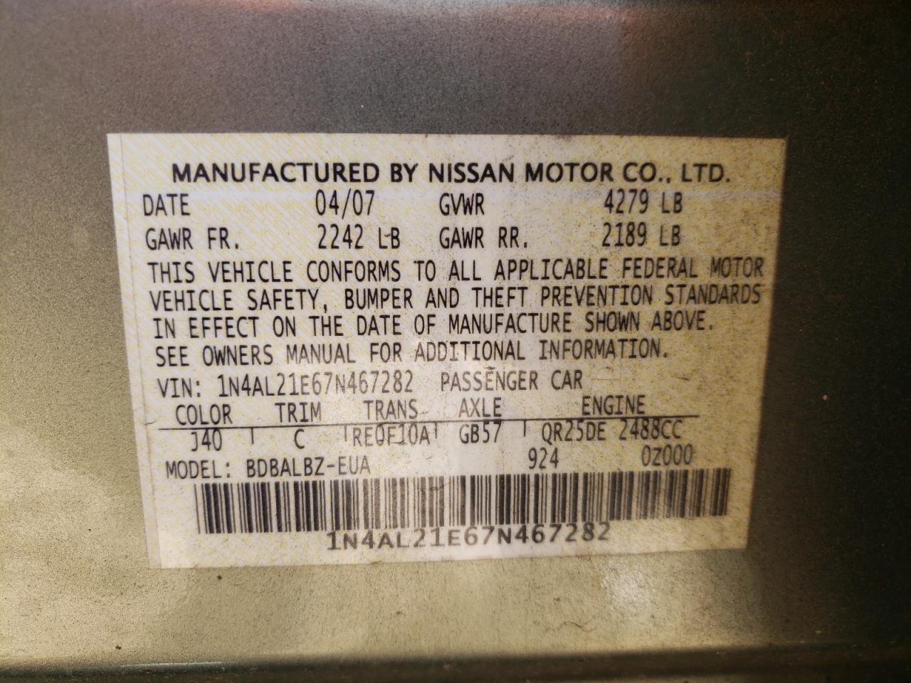Photo 10 from auction – 2007 NISSAN ALTIMA 2.5 with VIN 1N4AL21E67N467282