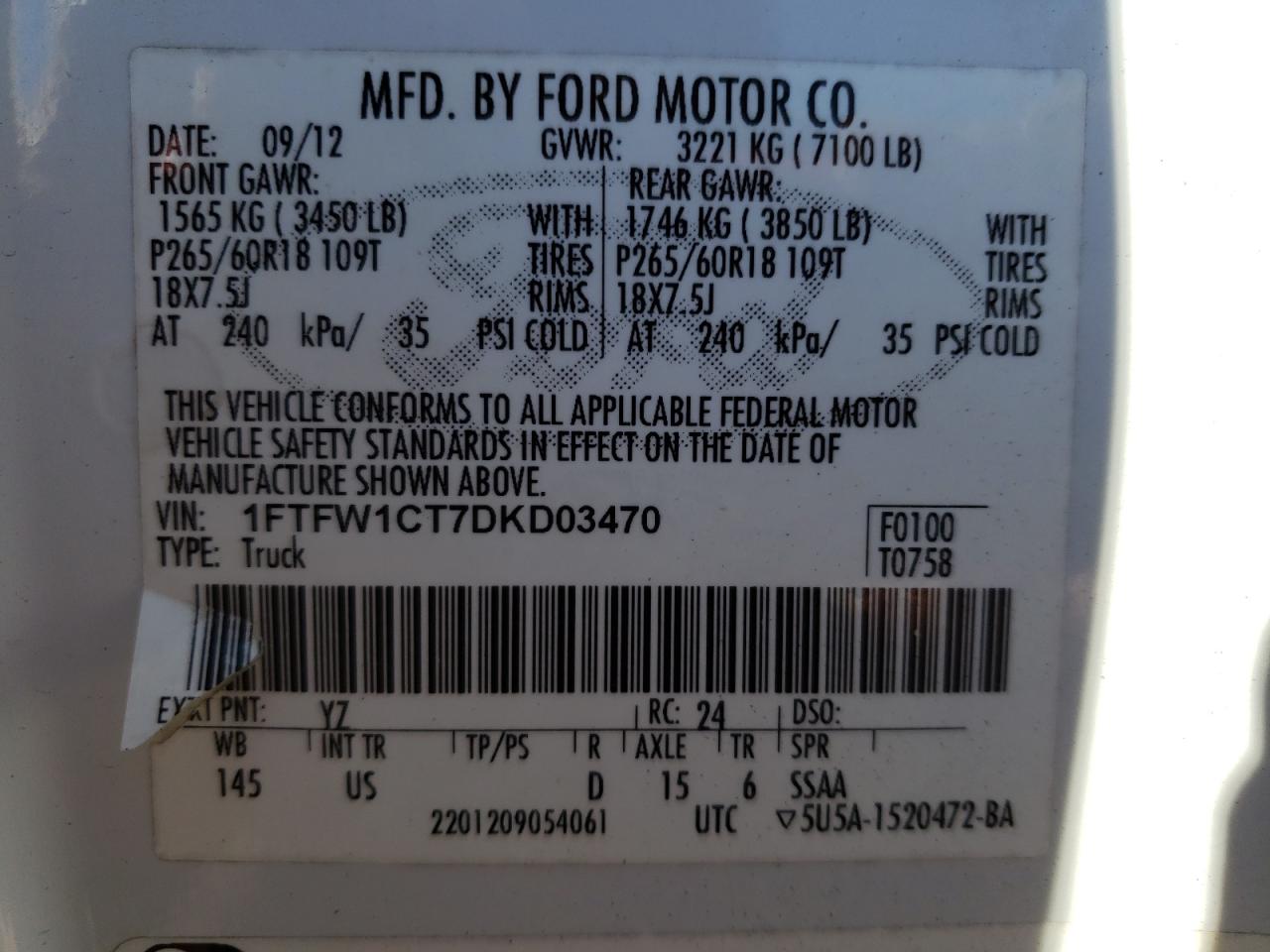 Photo 10 from auction – 2013 FORD F150 SUPER with VIN 1FTFW1CT7DKD03470