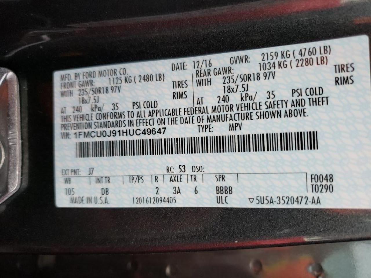 Photo 10 from auction – 2017 FORD ESCAPE TIT with VIN 1FMCU0J91HUC49647