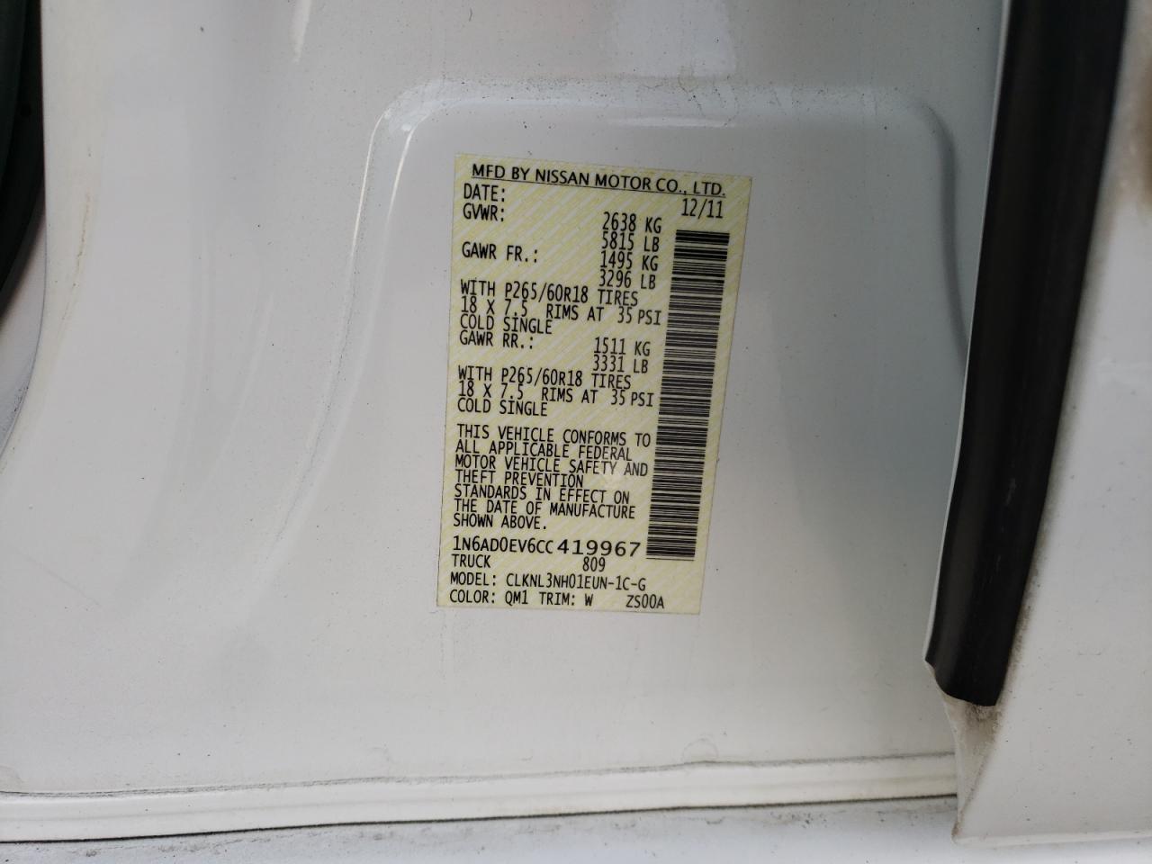 Photo 10 from auction – 2012 NISSAN FRONTIER S with VIN 1N6AD0EV6CC419967