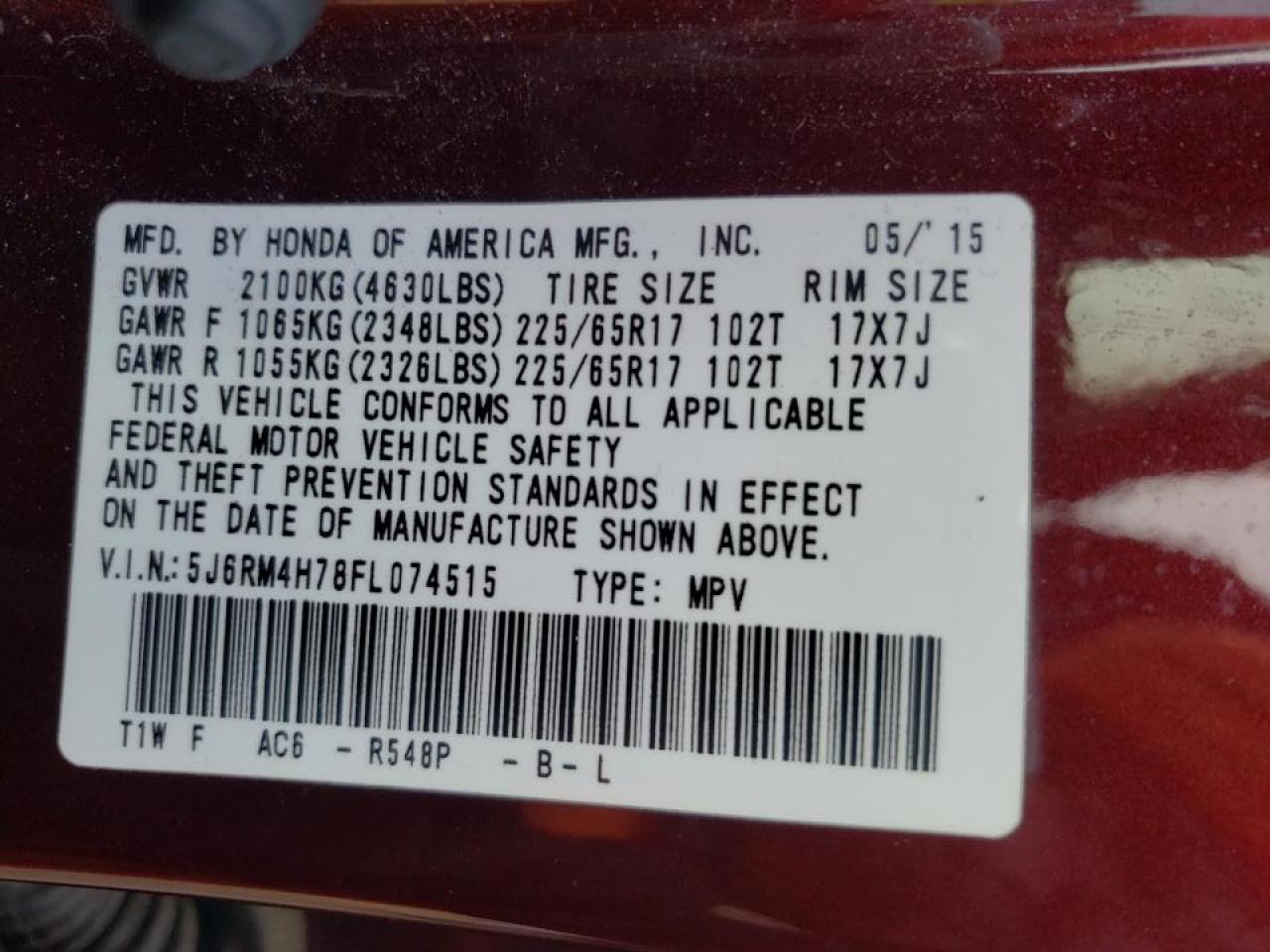 Photo 10 from auction – 2015 HONDA CR-V EXL with VIN 5J6RM4H78FL074515