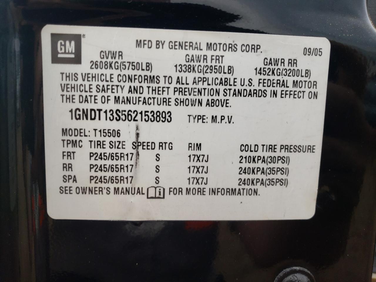 Photo 10 from auction – 2006 CHEVROLET TRAILBLAZE with VIN 1GNDT13S562153893