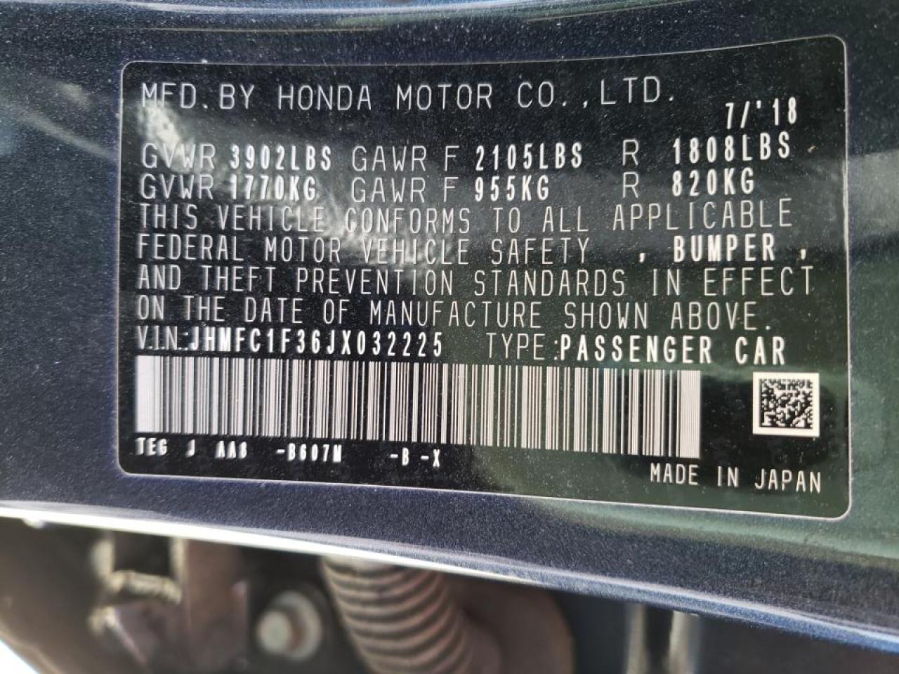 Photo 10 from auction – 2018 HONDA CIVIC EX with VIN JHMFC1F36JX032225