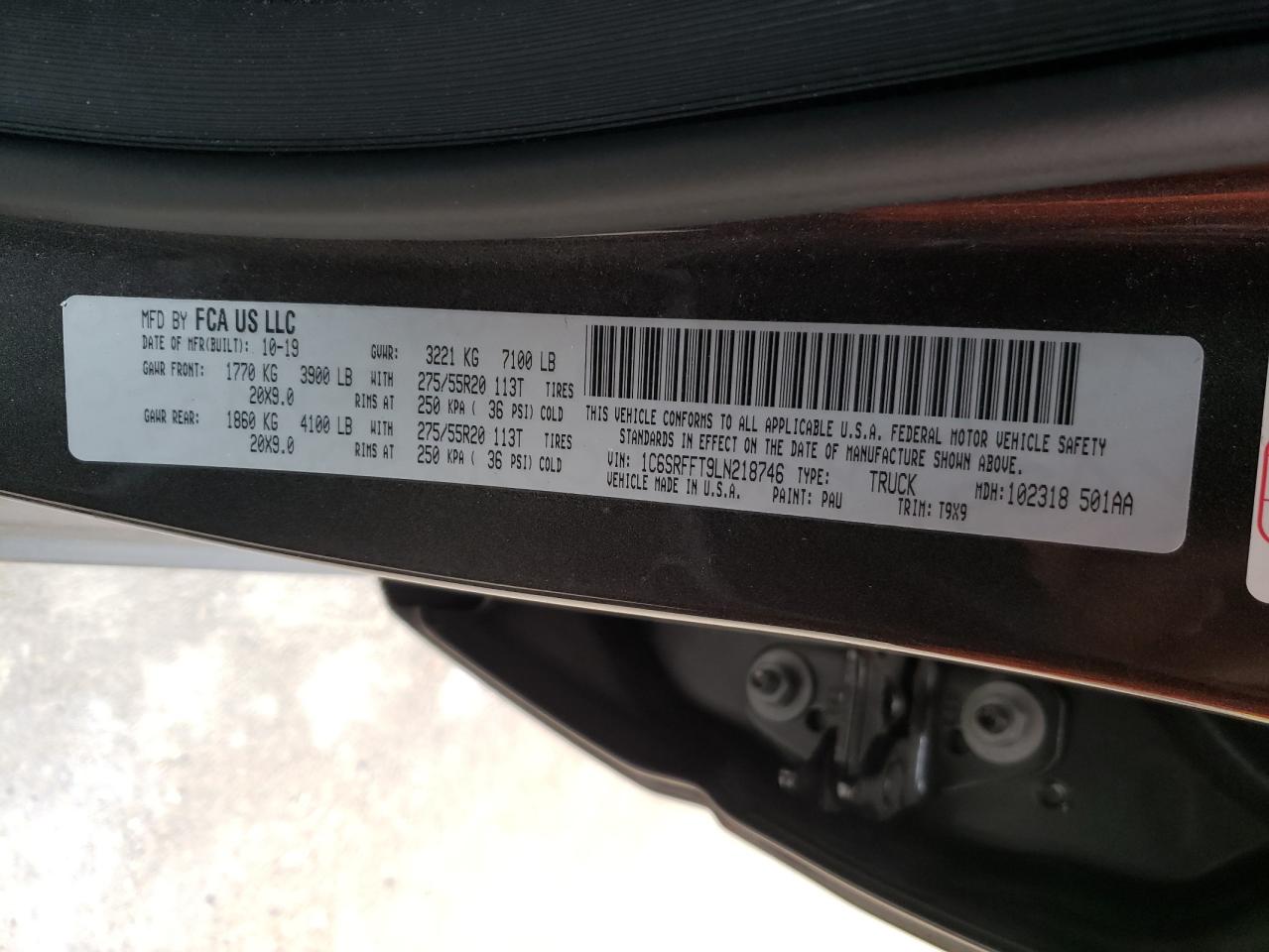 Photo 10 from auction – 2020 RAM 1500 BIG H with VIN 1C6SRFFT9LN218746