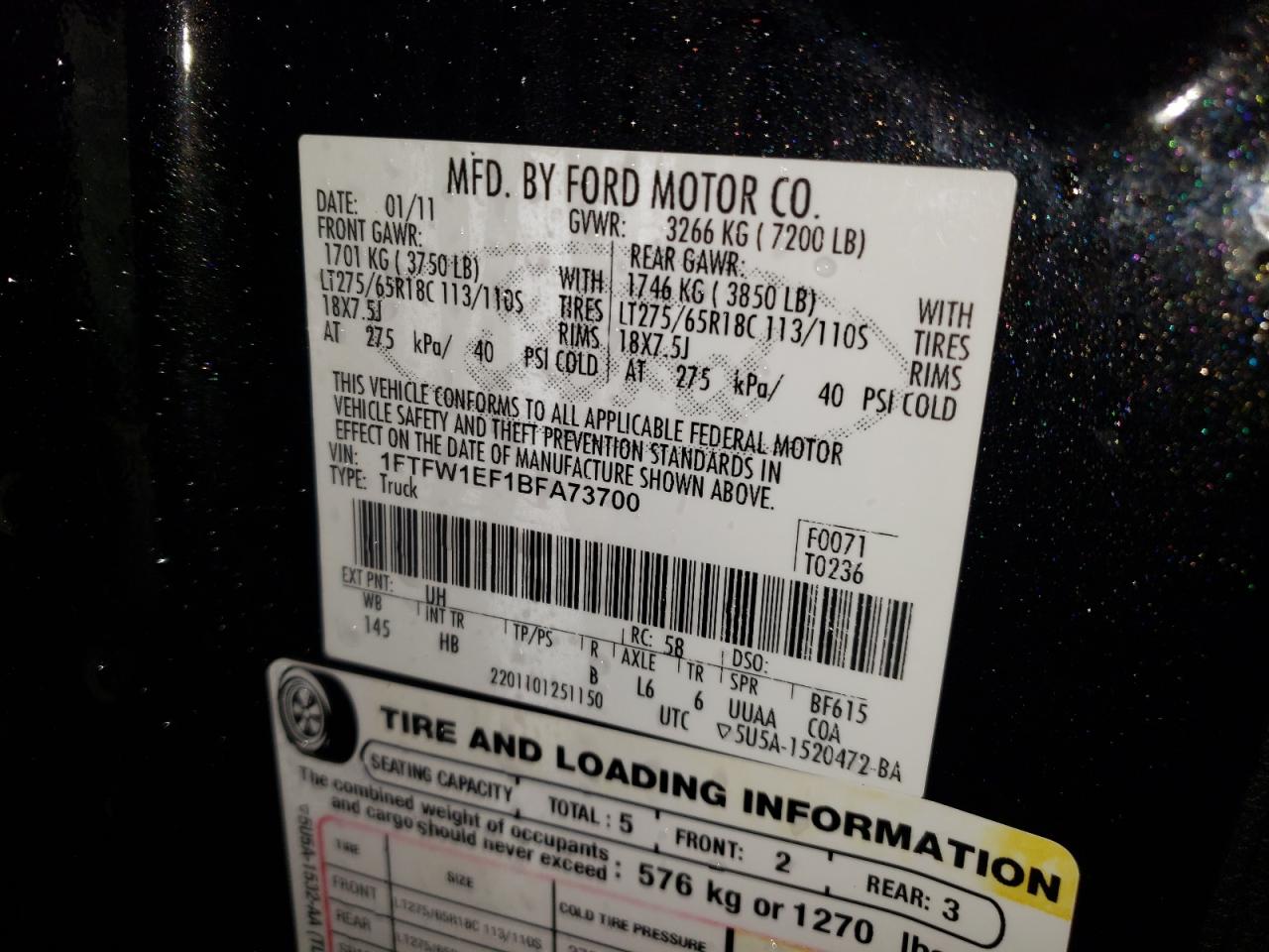 Photo 10 from auction – 2011 FORD F150 SUPER with VIN 1FTFW1EF1BFA73700