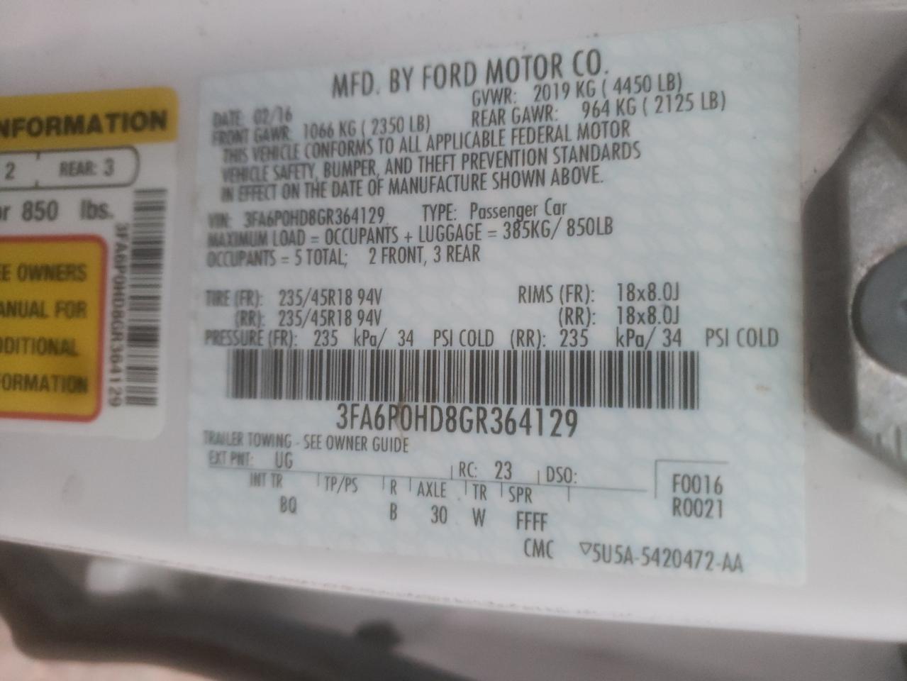 Photo 10 from auction – 2016 FORD FUSION SE with VIN 3FA6P0HD8GR364129