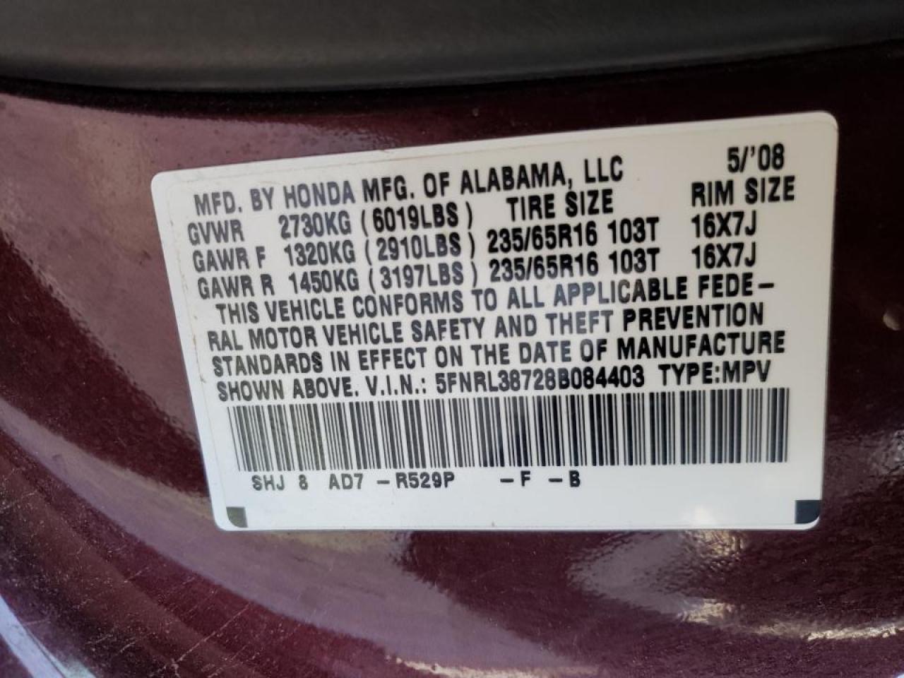Photo 10 from auction – 2008 HONDA ODYSSEY EX with VIN 5FNRL38728B084403
