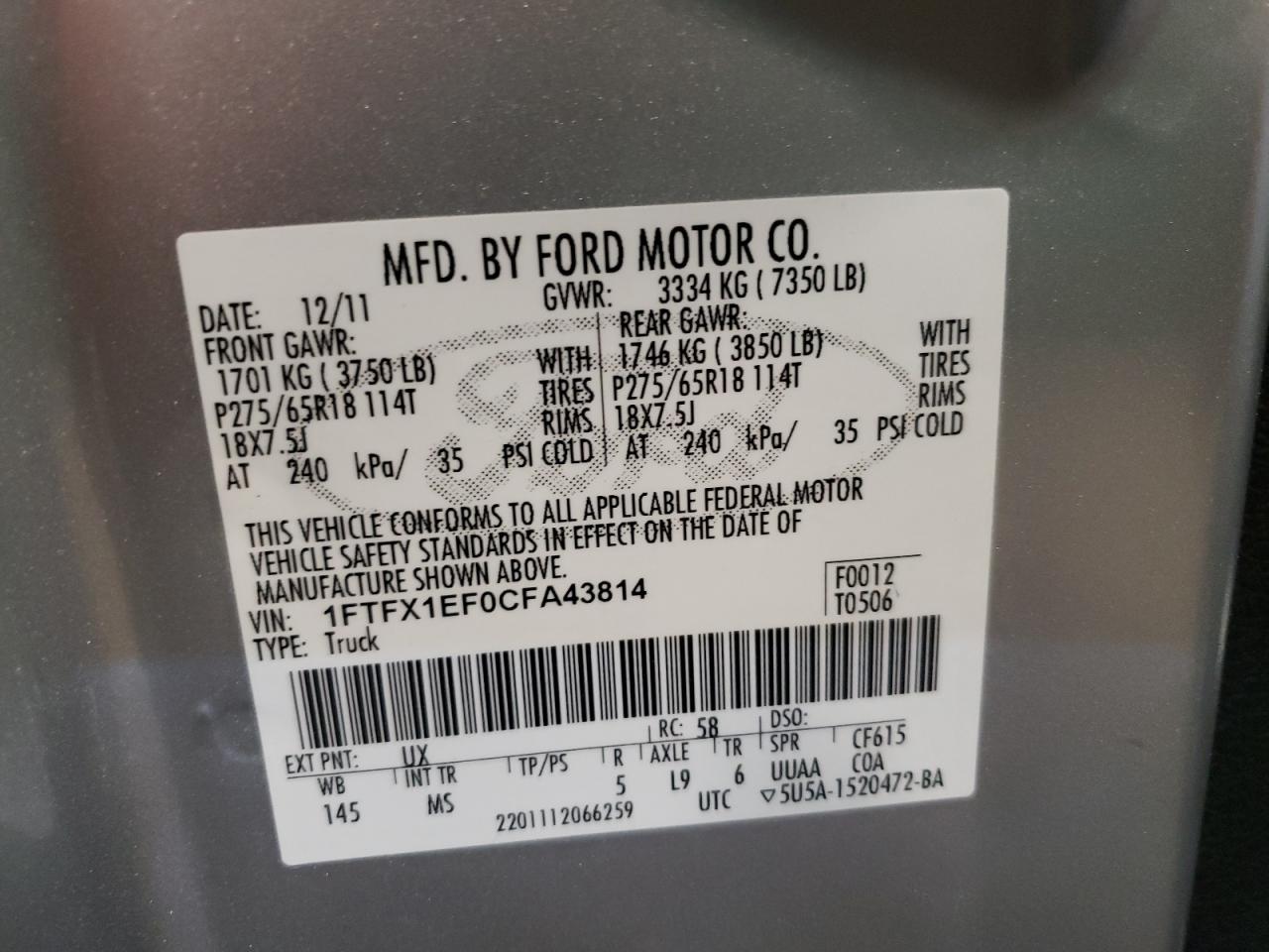 Photo 10 from auction – 2012 FORD F150 SUPER with VIN 1FTFX1EF0CFA43814